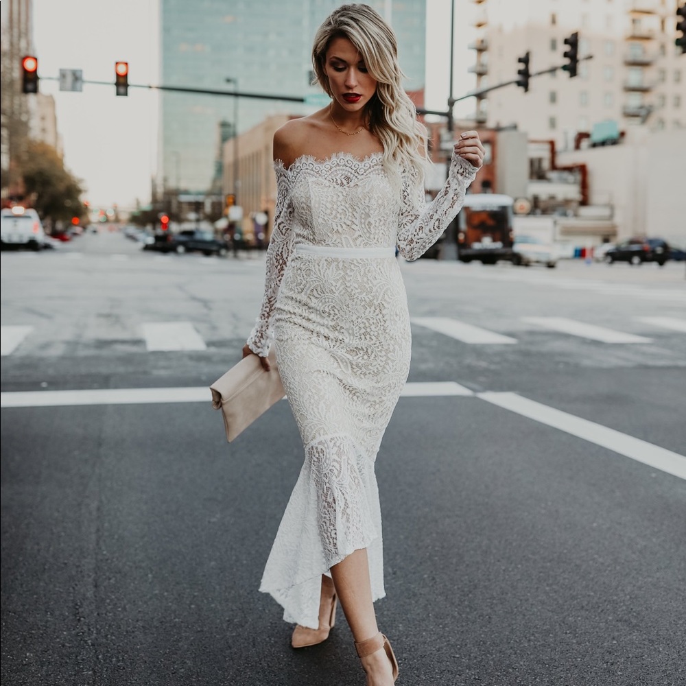 Off the shoulder lace, trumpet high low dress